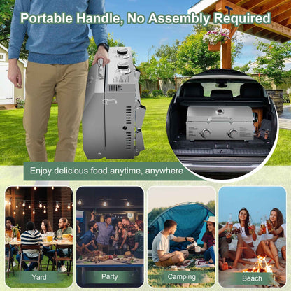 Firstness Propane Gas Grills, 30,000BTU Portable Gas Grill for Outdoor Camping BBQ Picnics Tailgating, 2 Burners, Stainless Steel Sliver