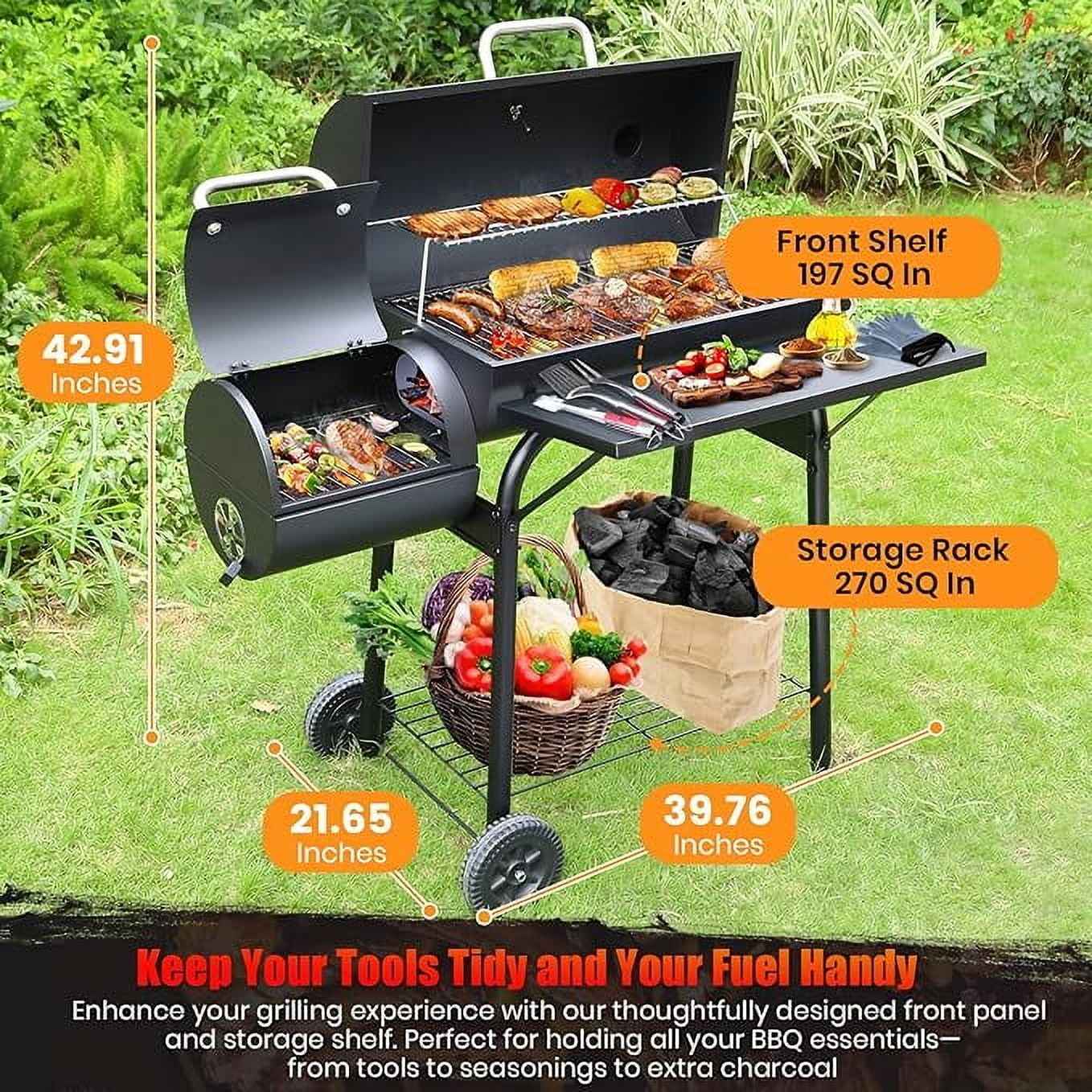 Charcoal Offset Smoker Grill - Family-Size 4-6 Person BBQ with Temperature Control & Portable Wheels