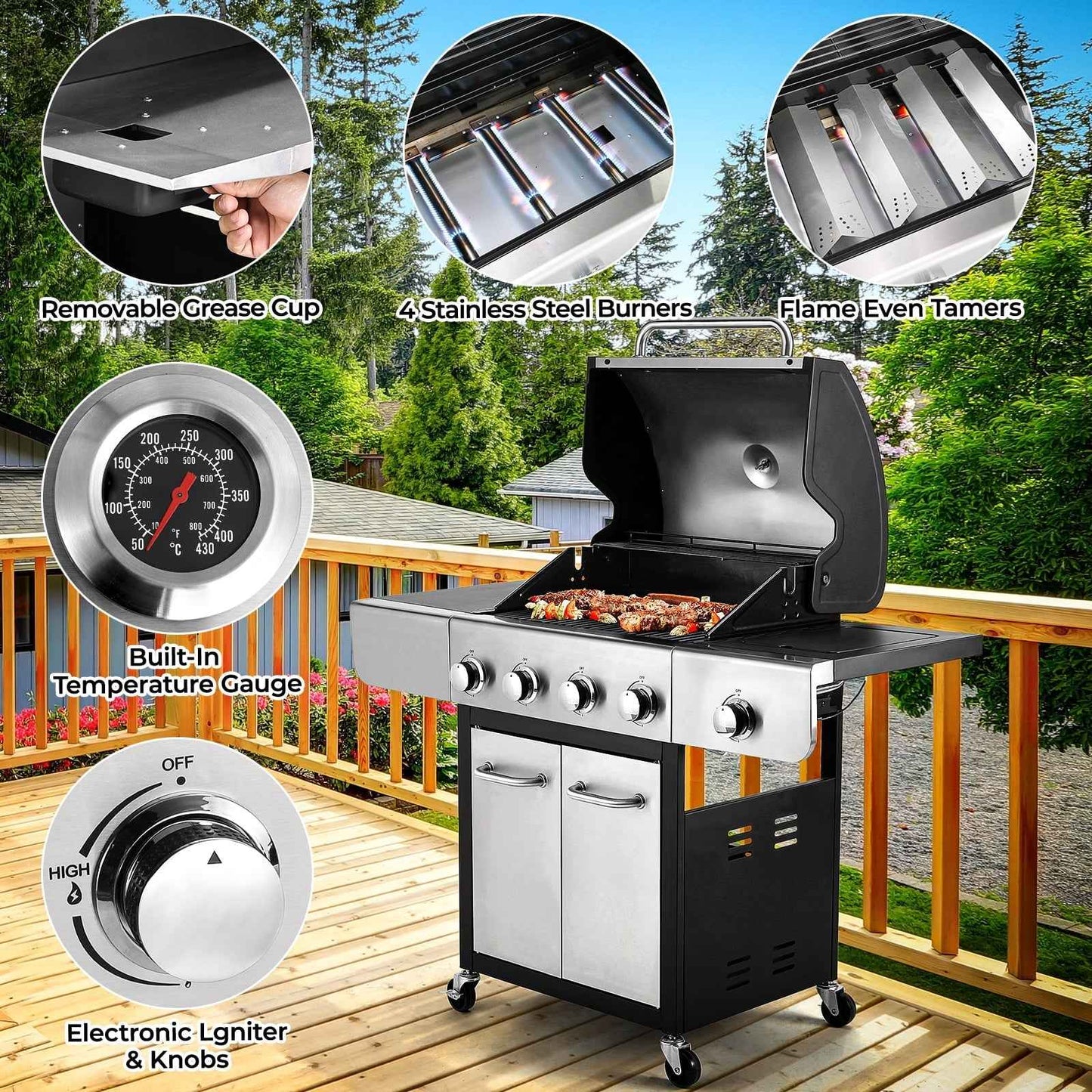 Pirecart 4 Burner Propane Gas Grill Stainless Steel BBQ Grill with 12,000 BTU Side Burner for Outdoor Cooking Kitchen and Patio Backyard Barbecue
