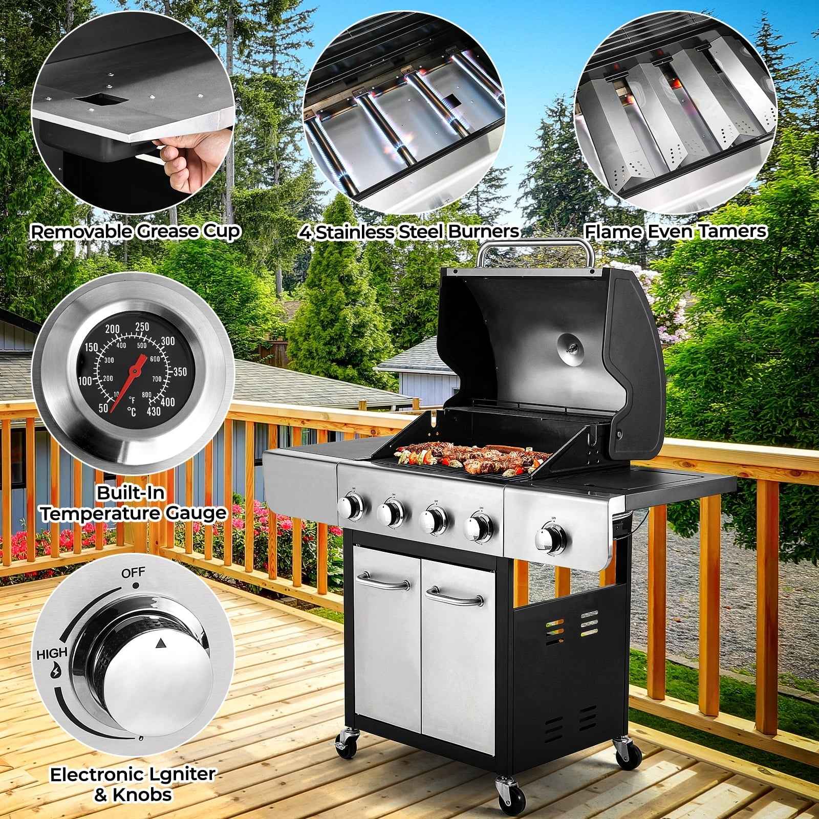 Pirecart 4 Burner Propane Gas Grill Stainless Steel BBQ Grill with 12,000 BTU Side Burner for Outdoor Cooking Kitchen and Patio Backyard Barbecue