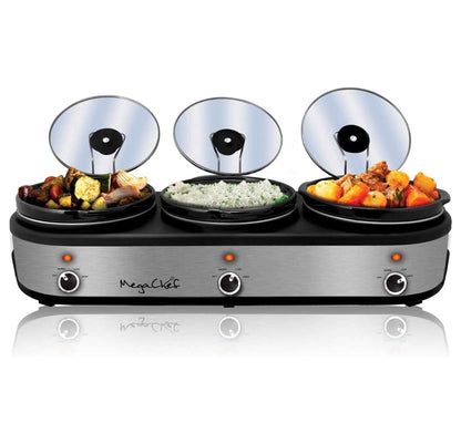 Warmer 2.5 Quart Slow Cooker and Buffet Server in Brushed Silver and Black Finish with 3 Ceramic Cooking Pots and Removable Lid Rests 2.5 Quarts