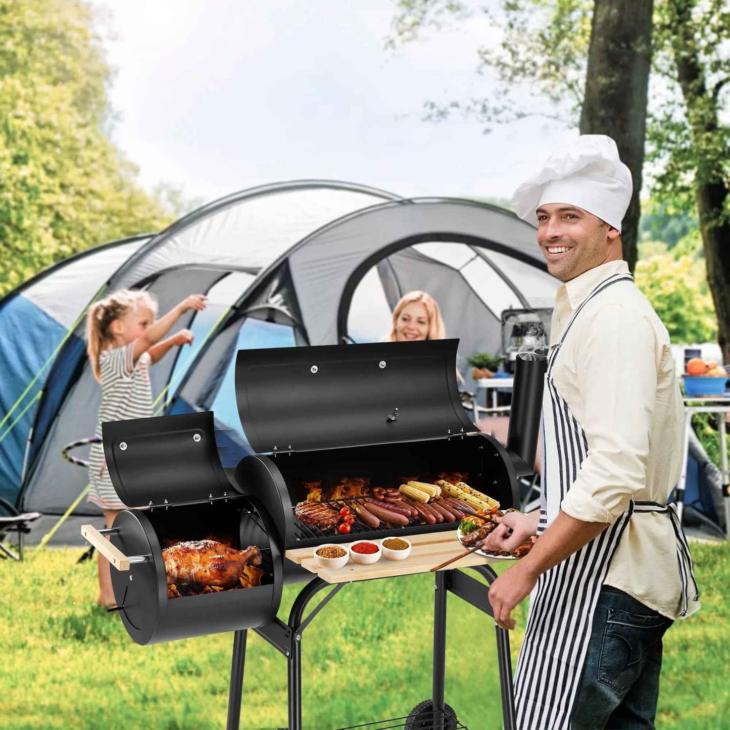 Seizeen Charcoal Grill with Thermometer & Large Cooking Space, Smoker Grill, BBQ Grills for Camping & Picnic, Iron, black