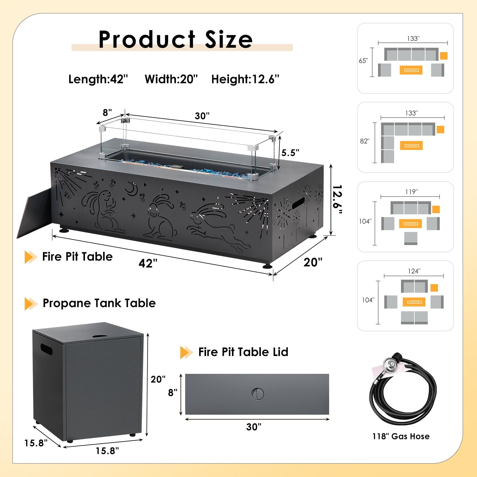 RADIATA 42" Rectangle Fire Pit Table, Dual-Fuel (Propane or Natural Gas), 50000 BTU,LED Rabbit Light, CSA Certified, Dark Gray - Home OXO