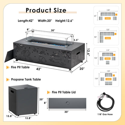 RADIATA 42" Rectangle Fire Pit Table, Dual-Fuel (Propane or Natural Gas), 50000 BTU,LED Rabbit Light, CSA Certified, Dark Gray - Home OXO