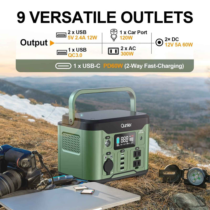 Qunler 300W Portable Power Station 296Wh 80000mAh with 60W PD In/Output Fast Charging, 120V AC Outlets Outdoor Solar Generator for Camping, RV, Home Backup, Emergency Power, Green No Solar Panel