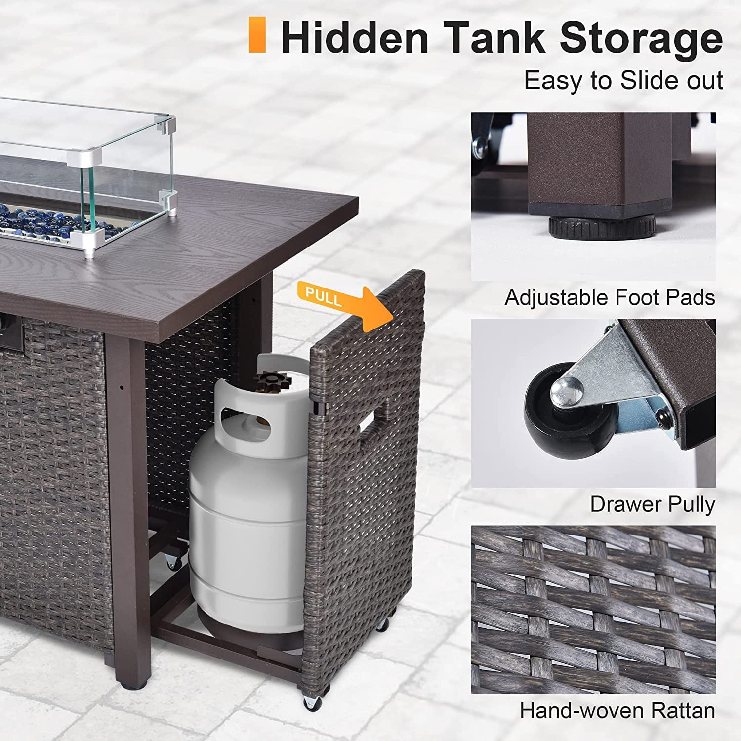 Phonjoroo Fire Pit Table 42 in Outdoor Propane Gas Fire Pit for Outside 50,000 BTU Auto-Ignition Gas Firepit Outdoor Rattan Table with Glass Wind Guard and Cover - Home OXO