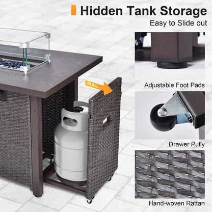 Phonjoroo Fire Pit Table 42 in Outdoor Propane Gas Fire Pit for Outside 50,000 BTU Auto-Ignition Gas Firepit Outdoor Rattan Table with Glass Wind Guard and Cover - Home OXO