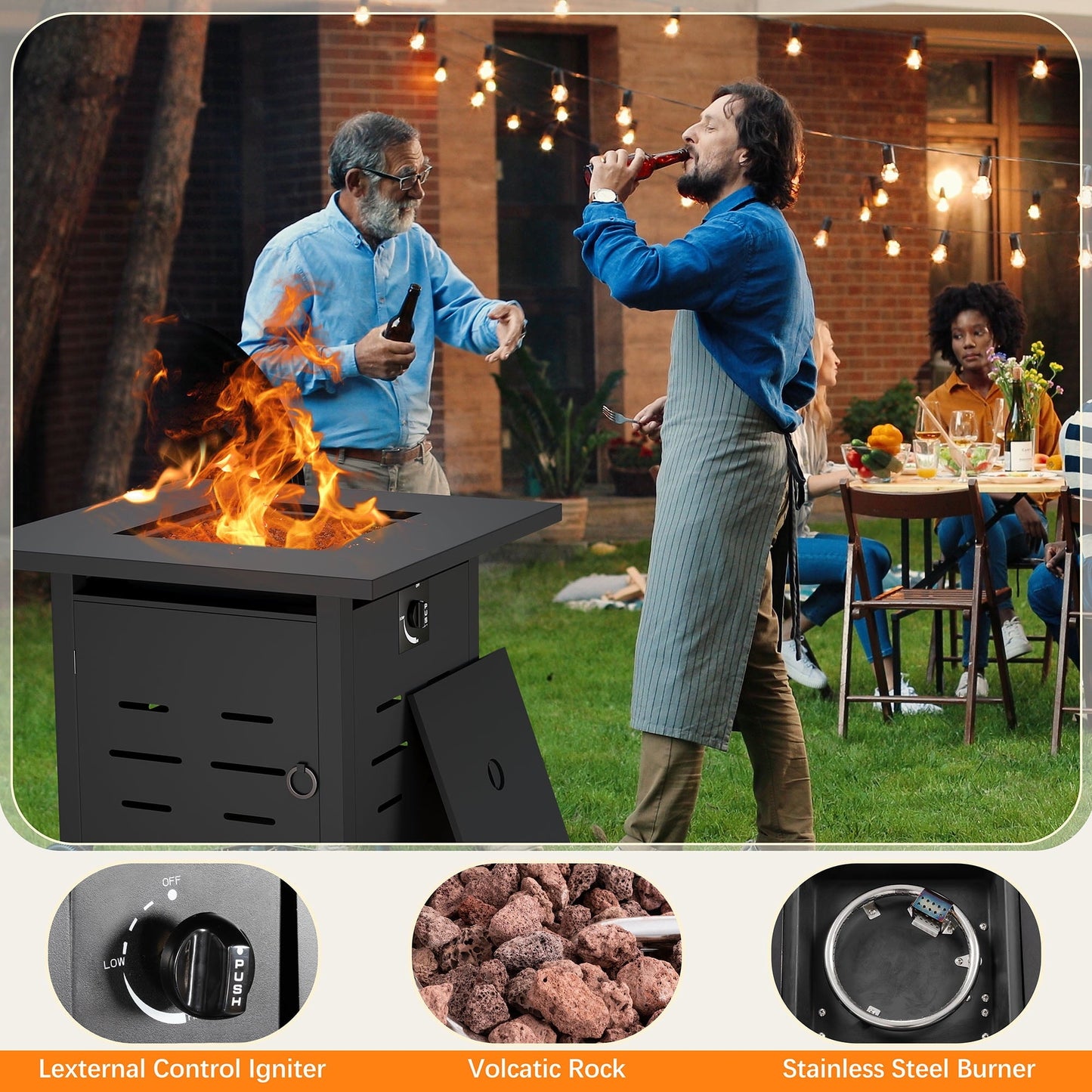 Walsunny 28 Inch Propane Gas Fire Pit Table 40000 BTU with Lid Square Firepit Table Lava Rock Fire Table with Waterproof Cover - Home OXO