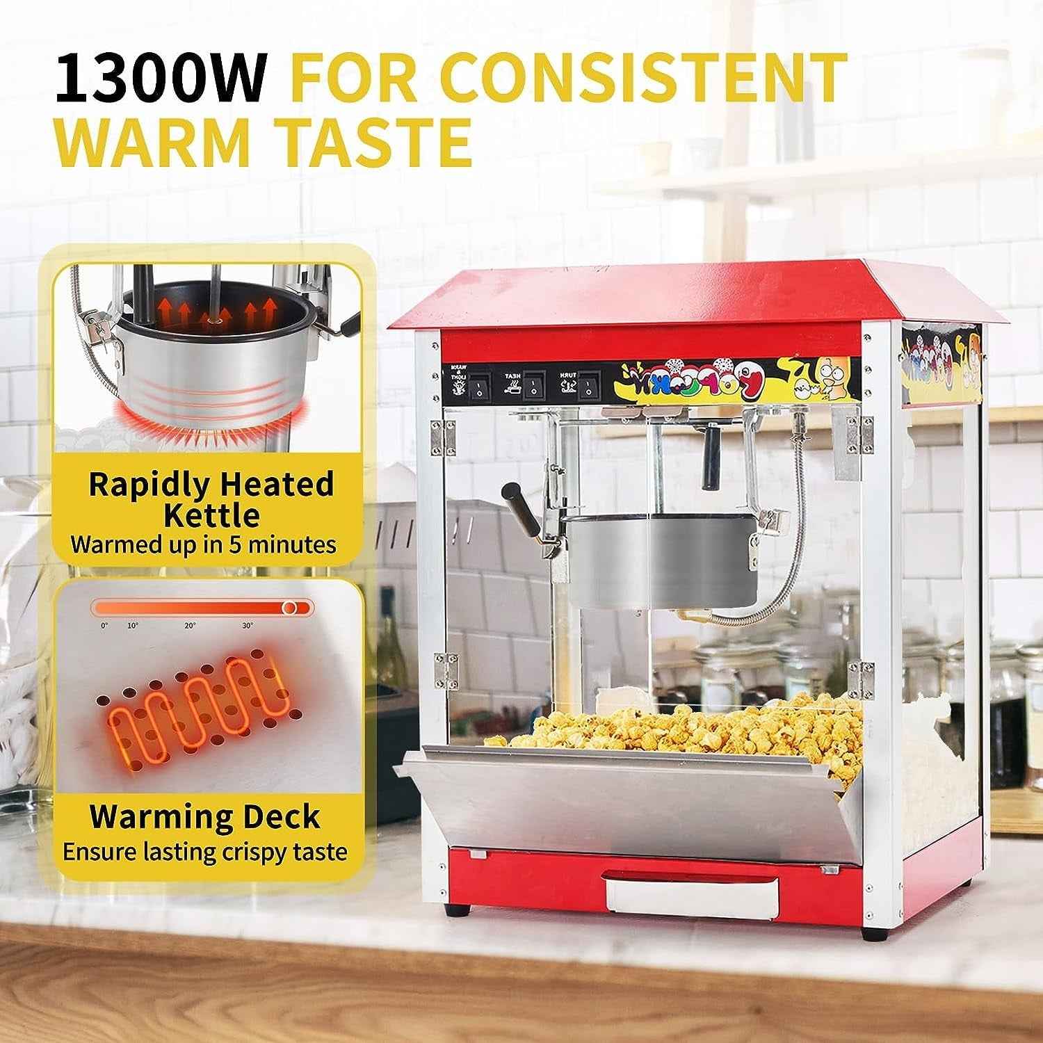Pipleo 10 oz Commercial Hot Air Popcorn Maker, Popcorn Popper 1300W 60 Cups per Batch New