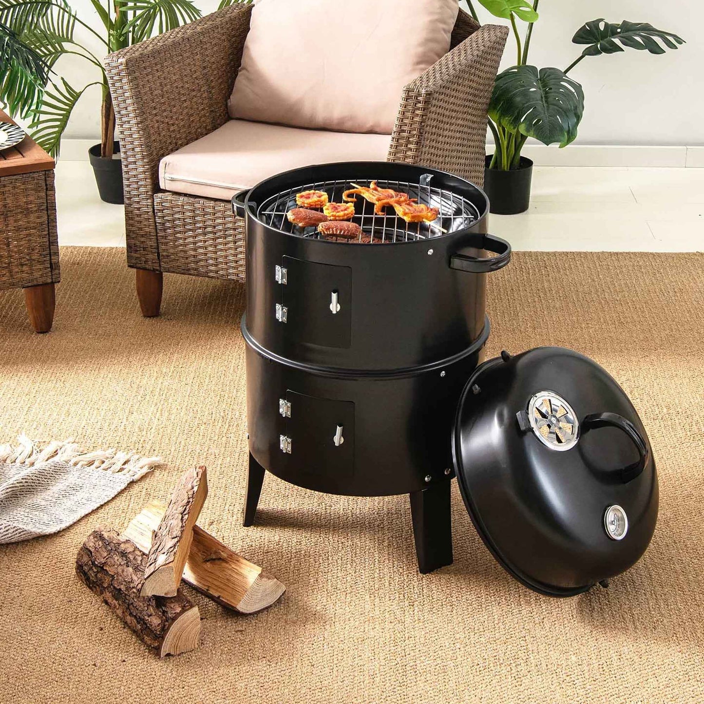 Costway3-in-1 Vertical Charcoal Smoker  Portable BBQ Smoker Grill with Detachable 2 Layer