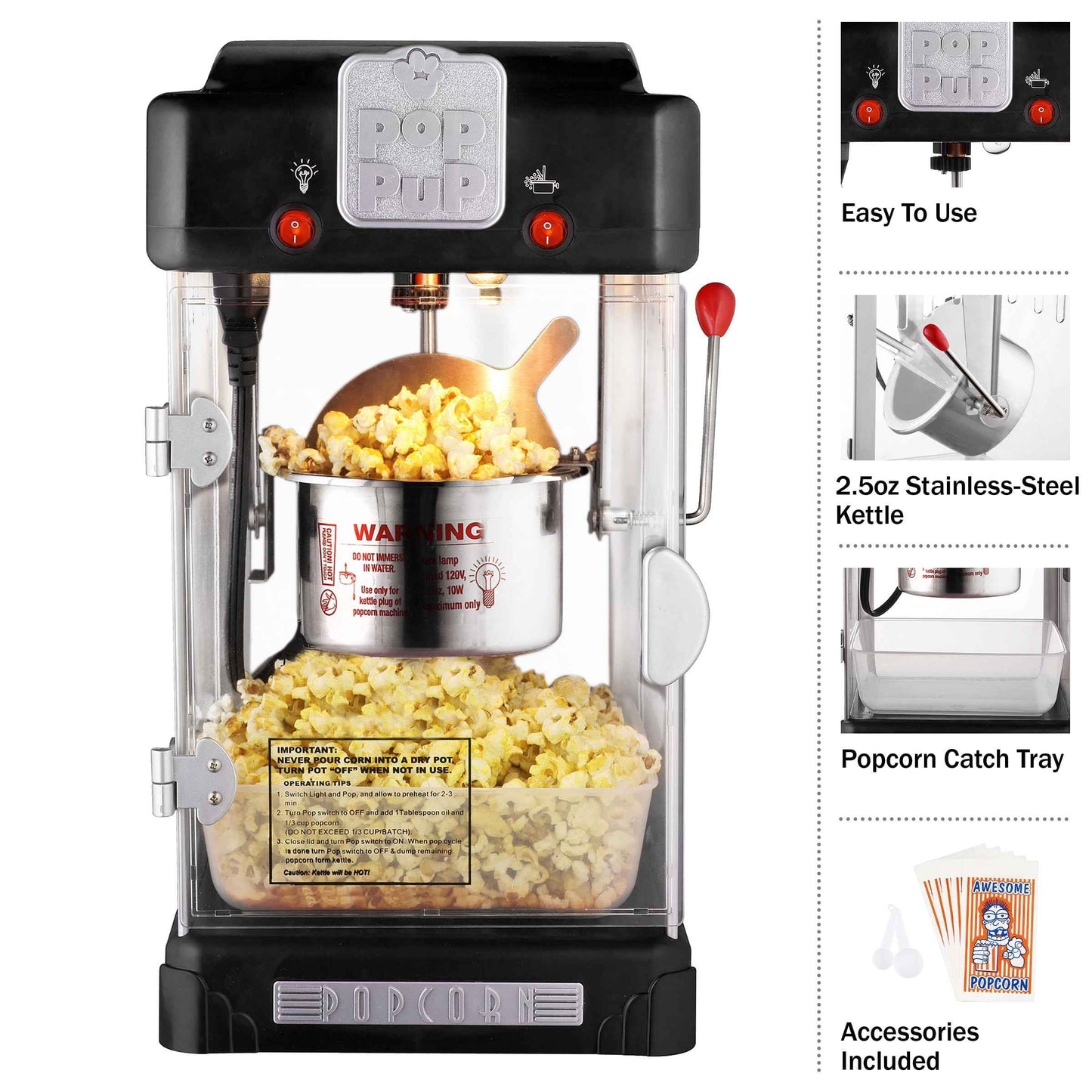 Great Northern Popcorn 2.5oz Pop Pup Popcorn Machine for Home, Black