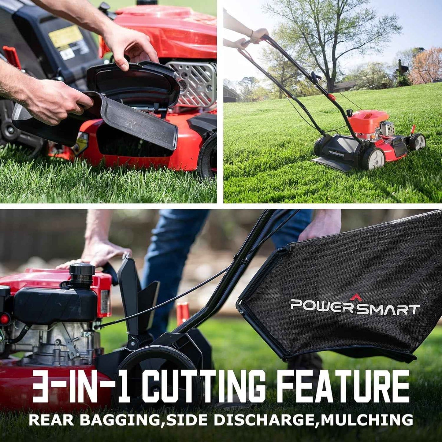 PowerSmart 3-in-1 18-inch Gas Push Lawn Mower with 144cc Engine, 6-Position Height Adjustment