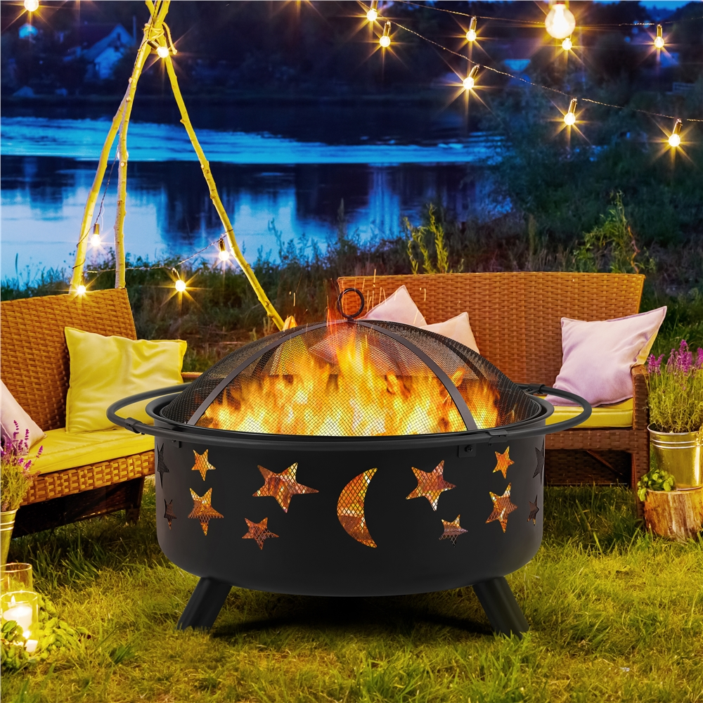 Yaheetech 30'' Outdoor Iron Round Fire Pit, Black, Wood - Home OXO