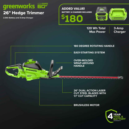 Greenworks 60V 26" Hedge Trimmer with 2.0 Ah Battery & 3 Amp Charger 2216602