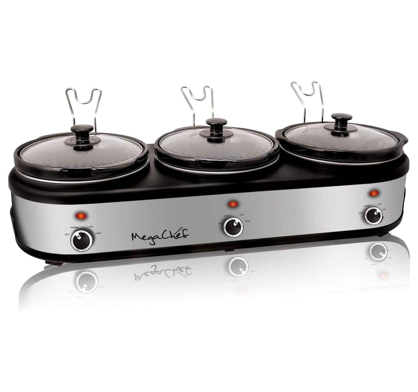 Warmer 2.5 Quart Slow Cooker and Buffet Server in Brushed Silver and Black Finish with 3 Ceramic Cooking Pots and Removable Lid Rests 2.5 Quarts