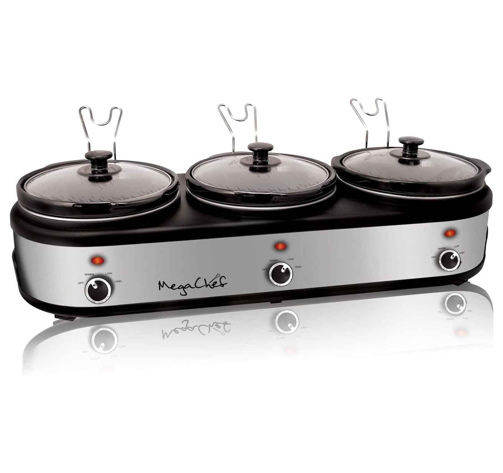 Warmer 2.5 Quart Slow Cooker and Buffet Server in Brushed Silver and Black Finish with 3 Ceramic Cooking Pots and Removable Lid Rests 2.5 Quarts