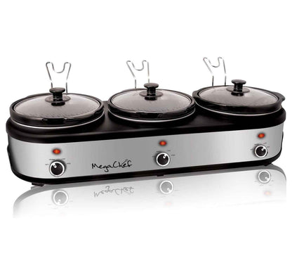 Warmer 2.5 Quart Slow Cooker and Buffet Server in Brushed Silver and Black Finish with 3 Ceramic Cooking Pots and Removable Lid Rests 2.5 Quarts