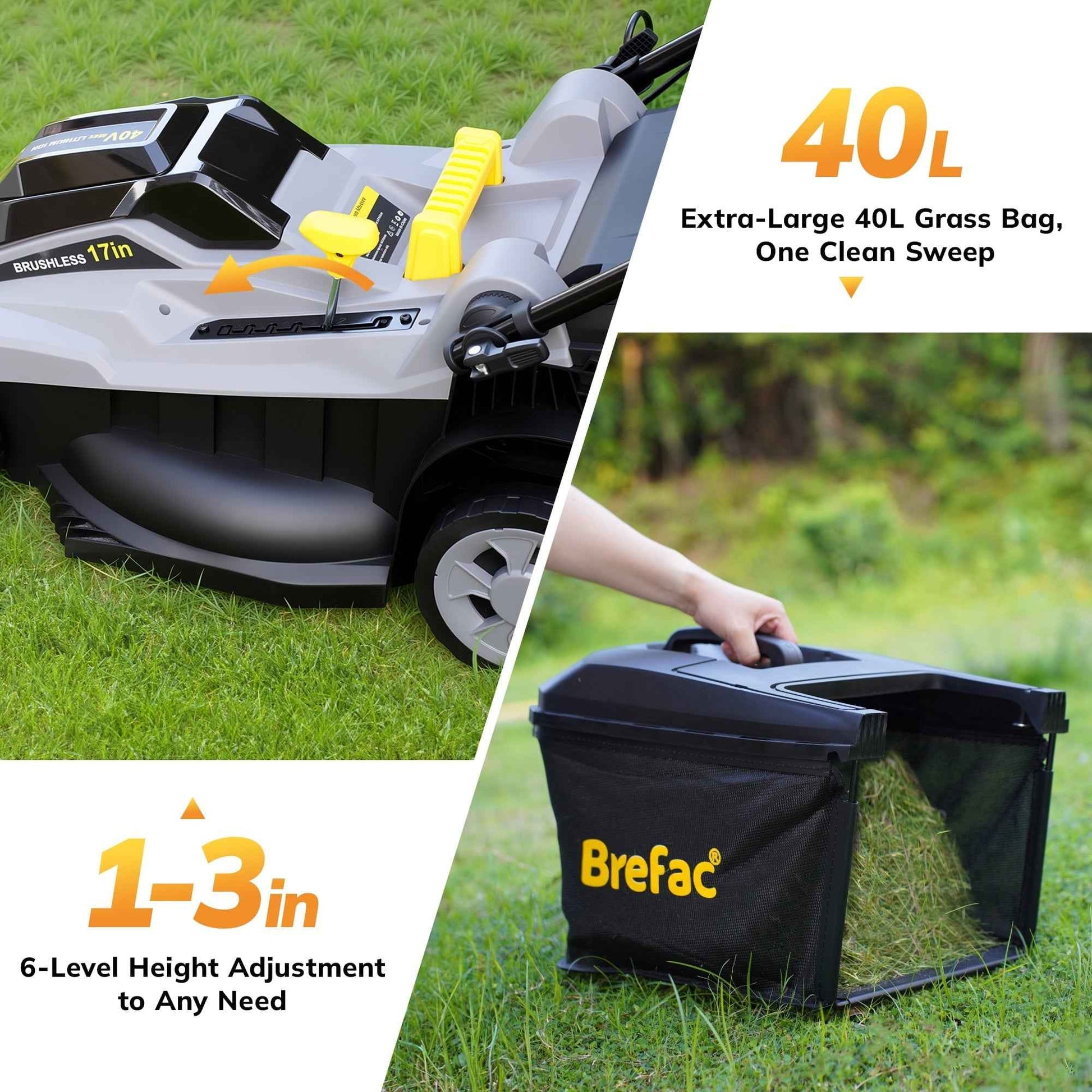 Brefac 40V (2 x 20V) 17'' Cordless Lawn Mower, Multi-Functional Grass Cutter with 4.0Ah Battery, 6 Adjustable Height Settings, Durable Manganese Steel Blades, Easy to Use for Medium to Large Lawn
