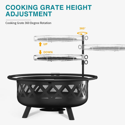 JolyDale 30 inch Outdoor Fire Pit with Cooking 2 in 1 Grate Wood Burning Firepit Steel Firepit Bowl with Swivel BBQ Grill, Poker for Backyard, Garden - Home OXO