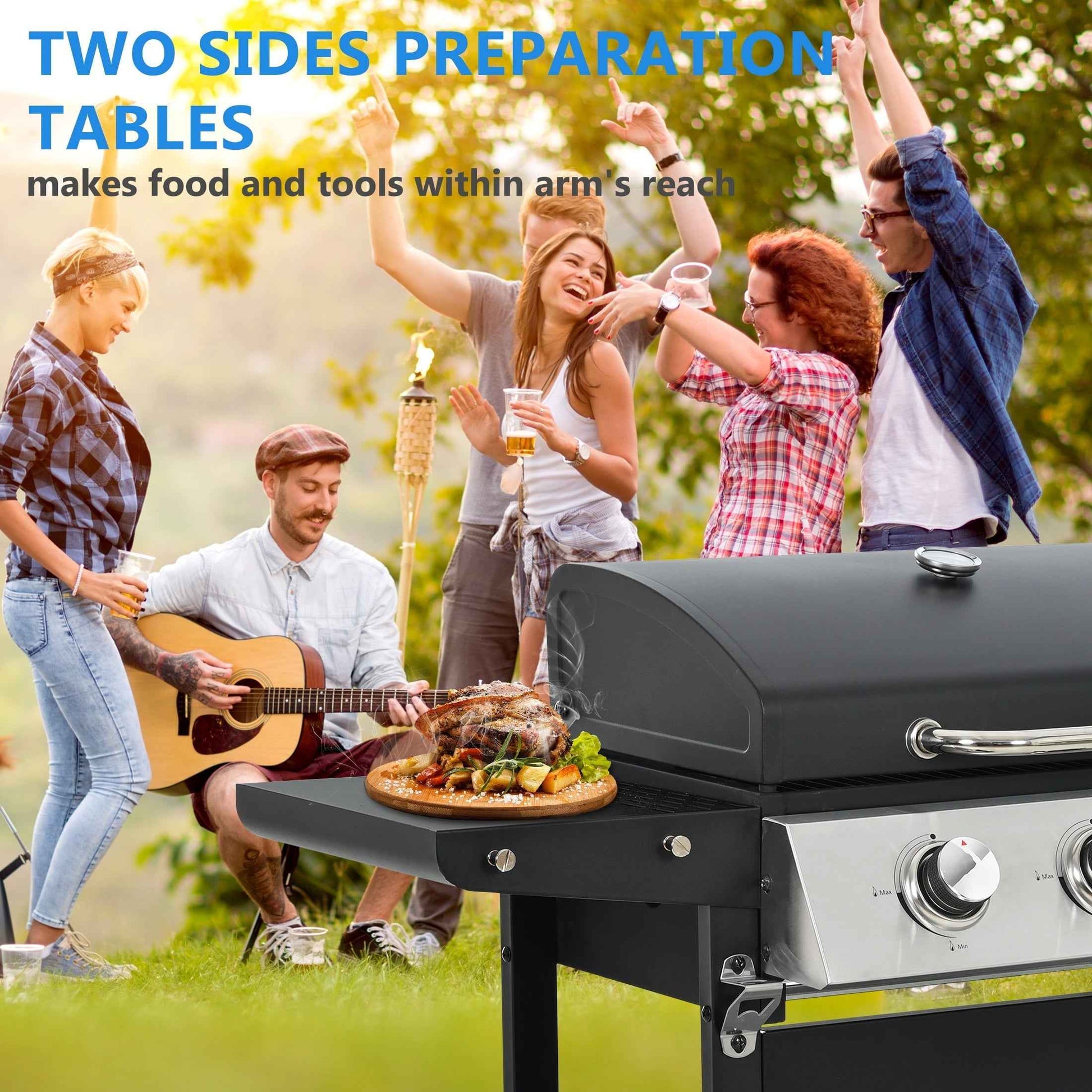 4-Burner Propane Gas Grill, 34,000 BTU Propane BBQ Grill with Thermometer, Bottle Opener, and Tool Hooks, Ideal for Patio Camping Outdoor Cooking