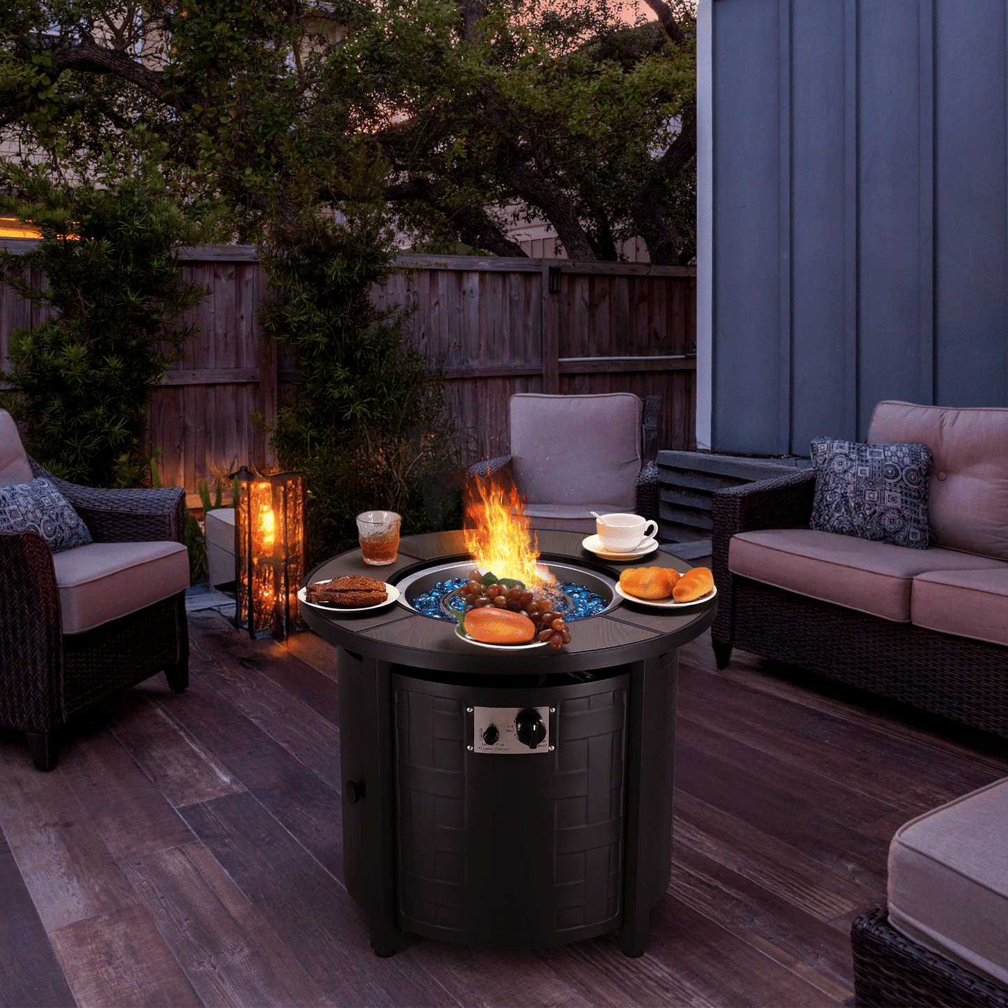 TLGREEN 30" Propane Fire Pit Table with Lid and Blue Stone, 50,000 BTU Auto-Ignition Circular Gas Fire Pit for Outdoor, with CSA Certified - Home OXO