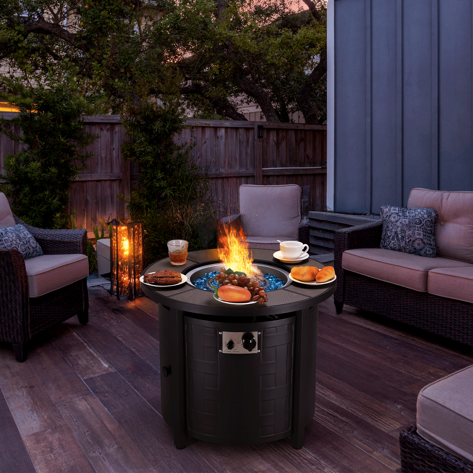 TLGREEN 30" Propane Fire Pit Table with Lid and Blue Stone, 50,000 BTU Auto-Ignition Circular Gas Fire Pit for Outdoor, with CSA Certified - Home OXO