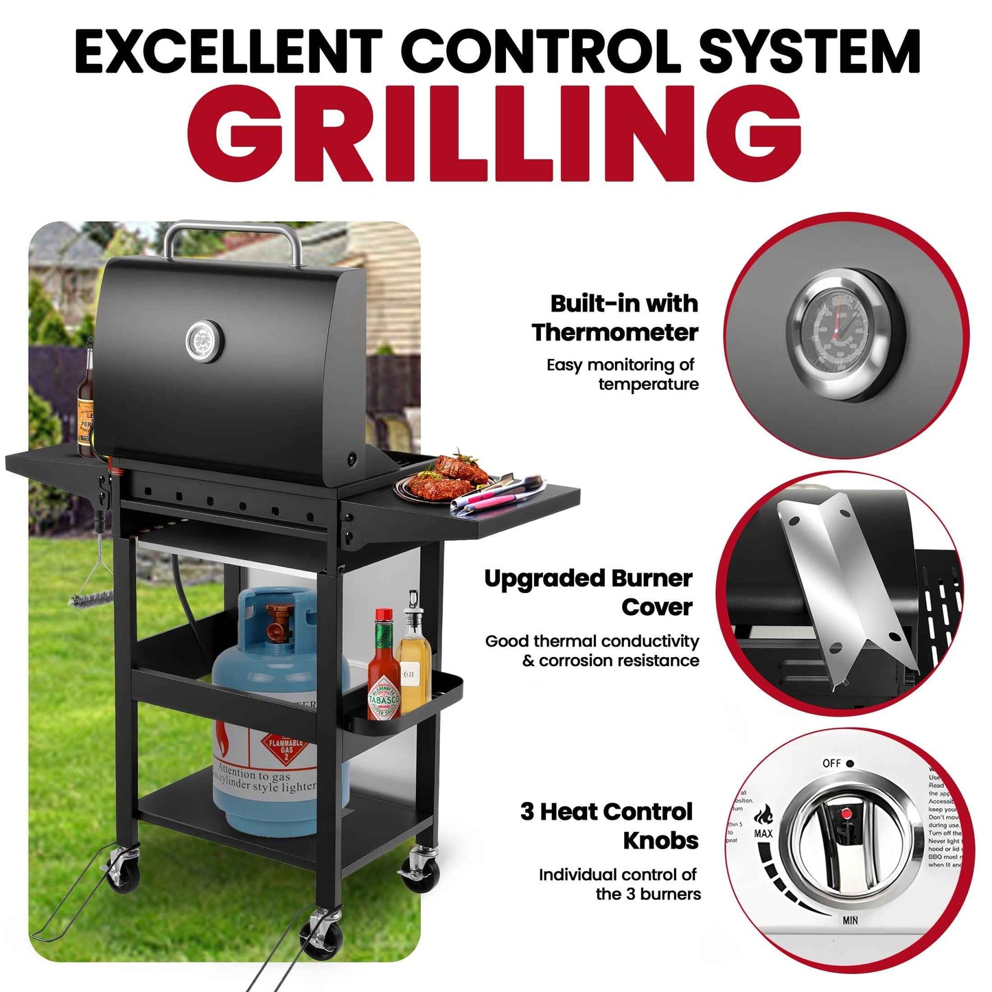 30000BTU Gas Grill, 3-Burner Grills with Built-in Thermometer & Side Table, Stainless Steel BBQ Grills for Outdoor Cooking