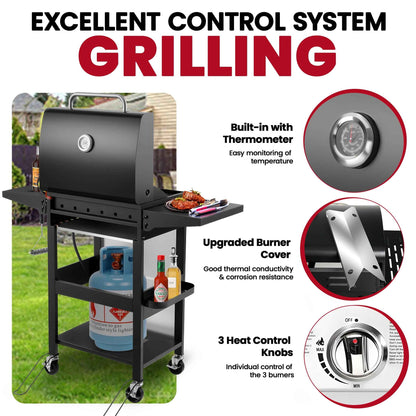 30000BTU Gas Grill, 3-Burner Grills with Built-in Thermometer & Side Table, Stainless Steel BBQ Grills for Outdoor Cooking