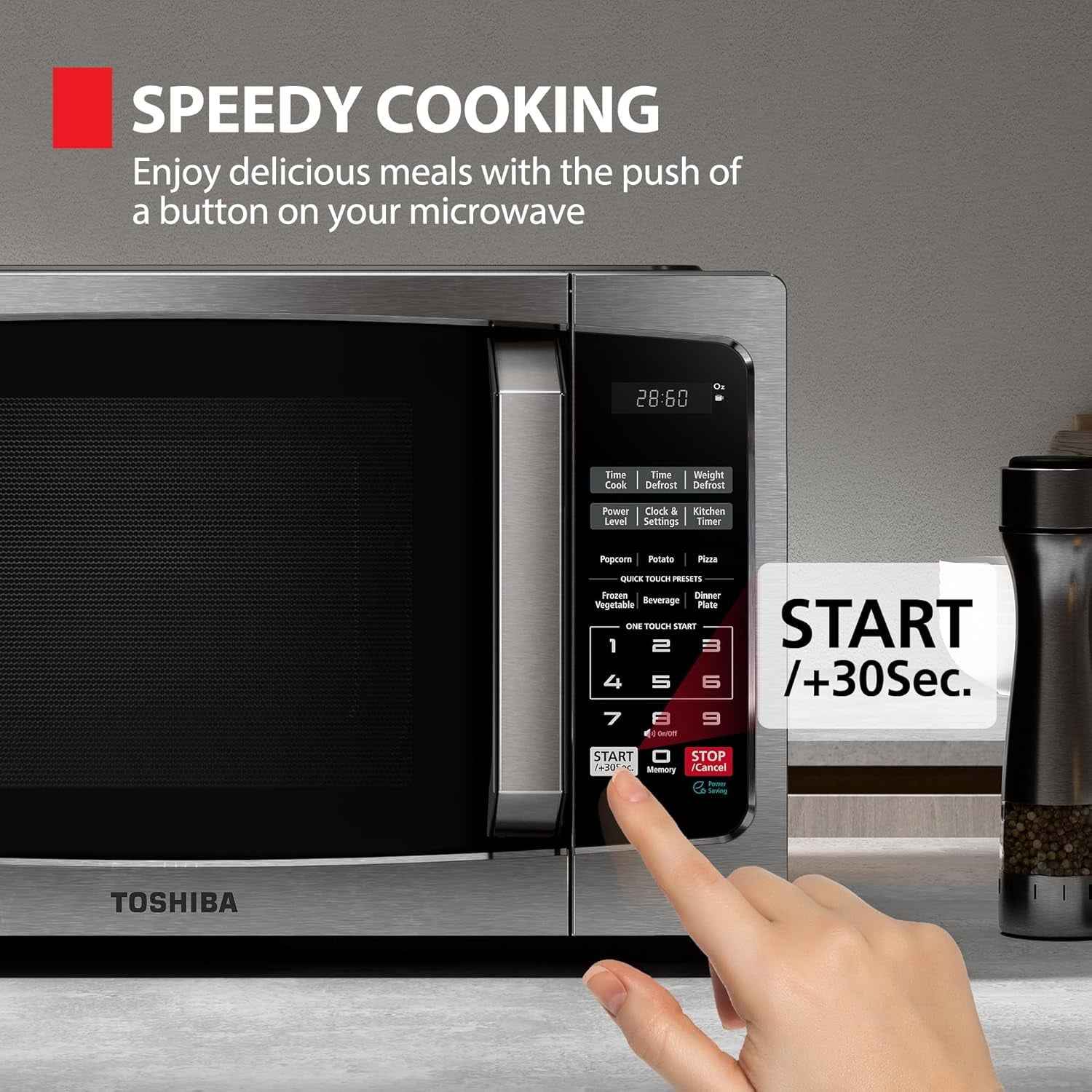 TOSHIBA 0.9 Cu Ft Microwave Oven, 6 Auto Menus, Mute Function, Child Lock, 900W, Stainless Steel