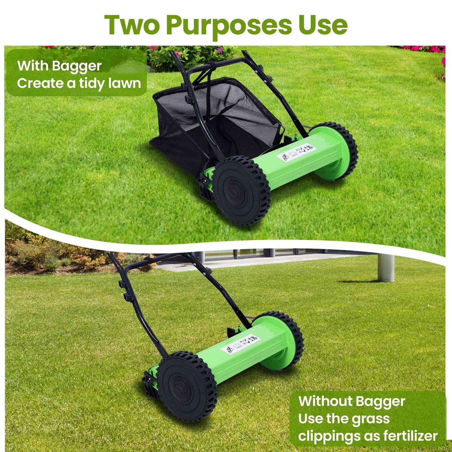 Seizeen Push Lawn Mower, 14-Inch 5-Blade Real Lawn Mover with Grass Catcher, 0.6’’-1.8’’ Height Adjustable Manual Lawn Mower with Bag, Green