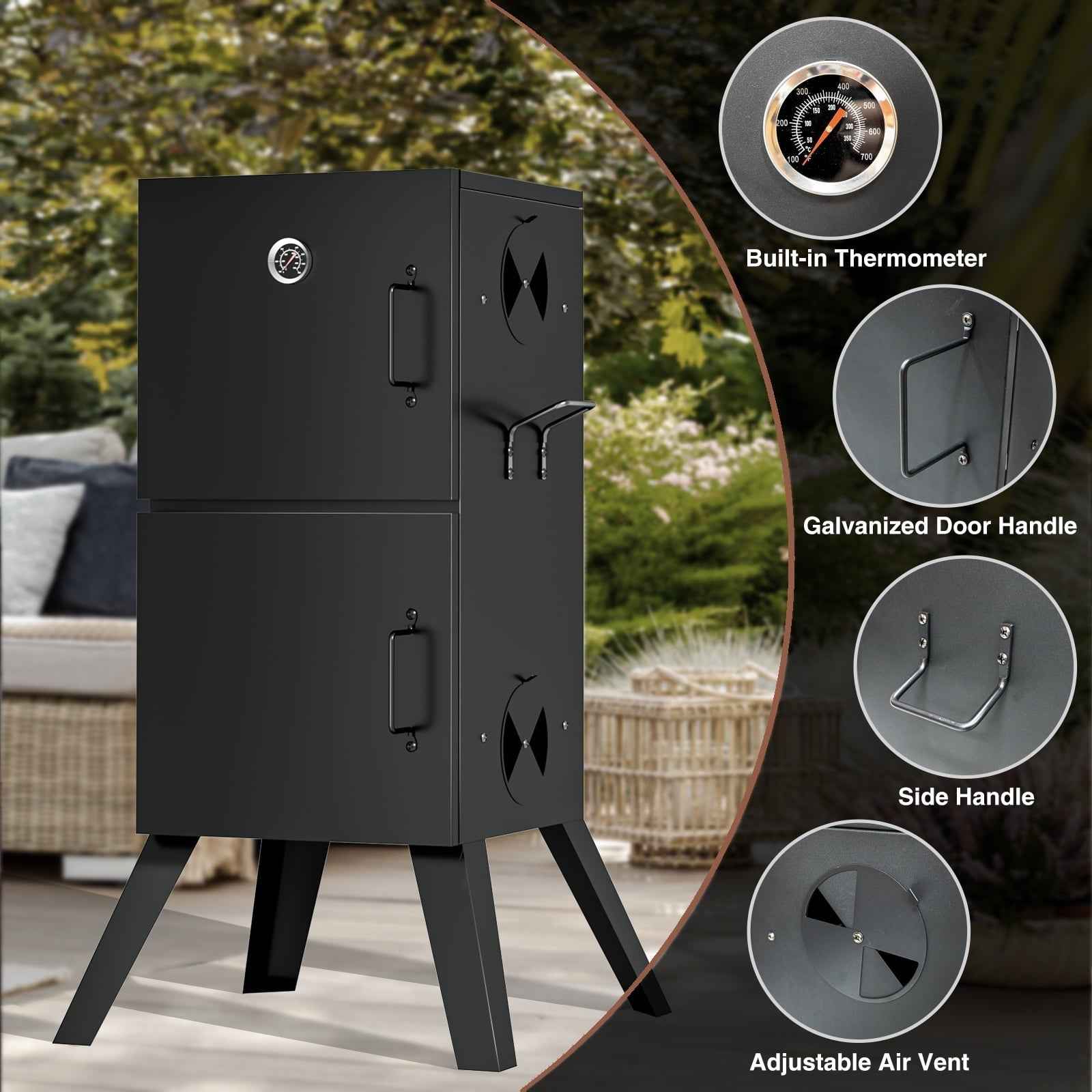 Kingchii Vertical Charcoal Smoker BBQ Grill with Built-in Thermometer, Portable Smoker for Backyard, Camping, Barbecue, and Outdoor Grilling