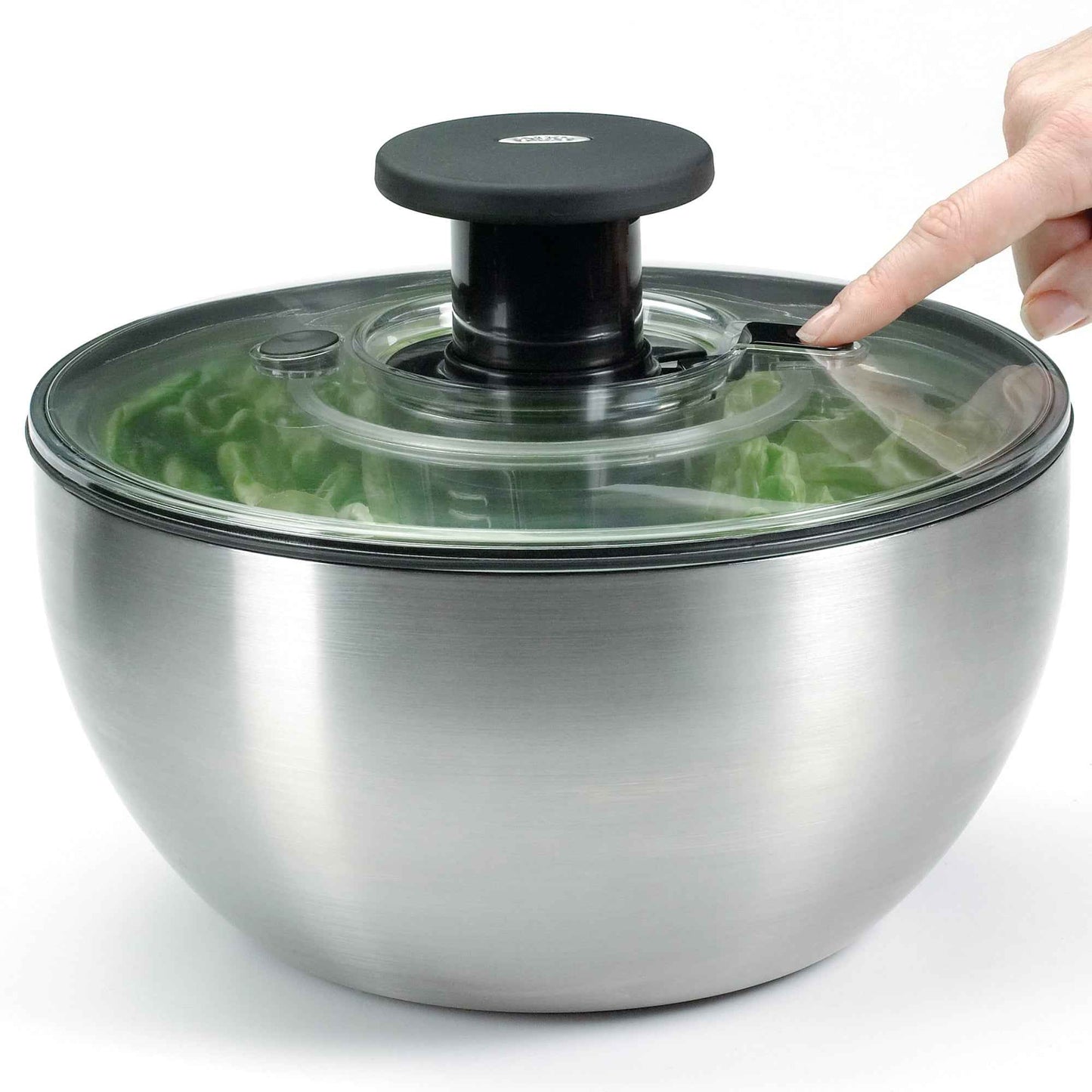 OXO Non Slip Steel Salad Spinner Bowl w/ Soft Push Pump Knob & Clear Locking Lid