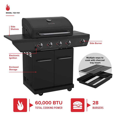 Nexgrill 4-Burner Propane Gas Grill with 2-In-1 Charcoal Tray & Side Burner, Stainless Steel Frame, 626 SQ In Total Cooking Space, 60,000 BTUs, BBQ Grill Perfect for Outdoor Gatherings - 720-1141