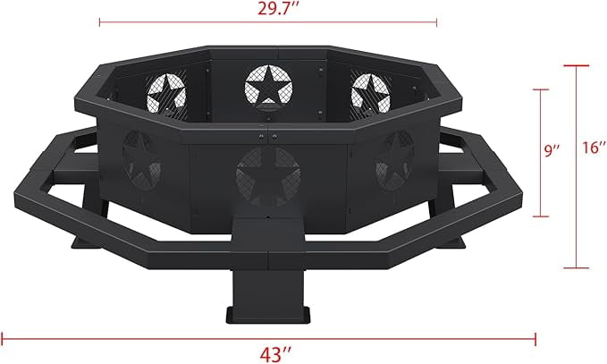 43 inch Fire Pit, Outdoor Wood Burning Fire Pit Octagonal Heavy Duty Firepit for Camping, Backyard, Patio, Black - Home OXO