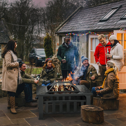 KingChii 32" Fire Pit Table Wood Burning Square Metal Firepit for Outdoor, Patio Backyard BBQ with Mesh Lid, Poker and Cover, Black - Home OXO