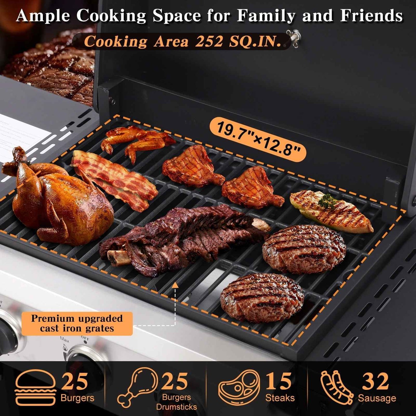 CIG GARDEN 3 Burner Propane Gas Grill, 31,500 BTU Output Outdoor BBQ Grill with Cast Iron Grates and Versatile Mini Grill Pan, Perfect for Outdoor Cooking, Balcony, Backyard, Camping