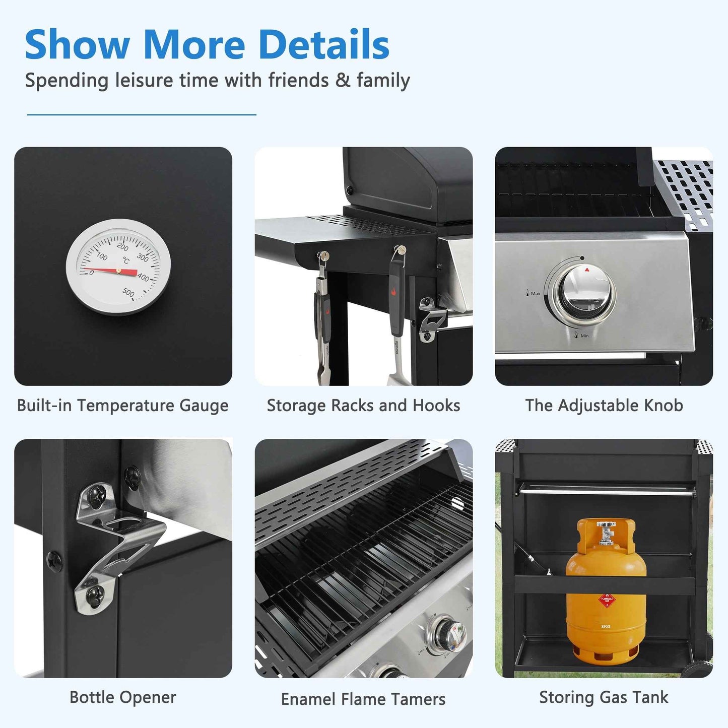 4-Burner Propane Gas Grill, 34,000 BTU Propane BBQ Grill with Thermometer, Bottle Opener, and Tool Hooks, Ideal for Patio Camping Outdoor Cooking