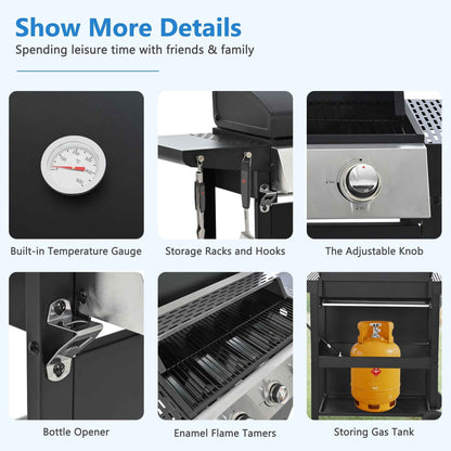 4-Burner Propane Gas Grill, 34,000 BTU Propane BBQ Grill with Thermometer, Bottle Opener, and Tool Hooks, Ideal for Patio Camping Outdoor Cooking