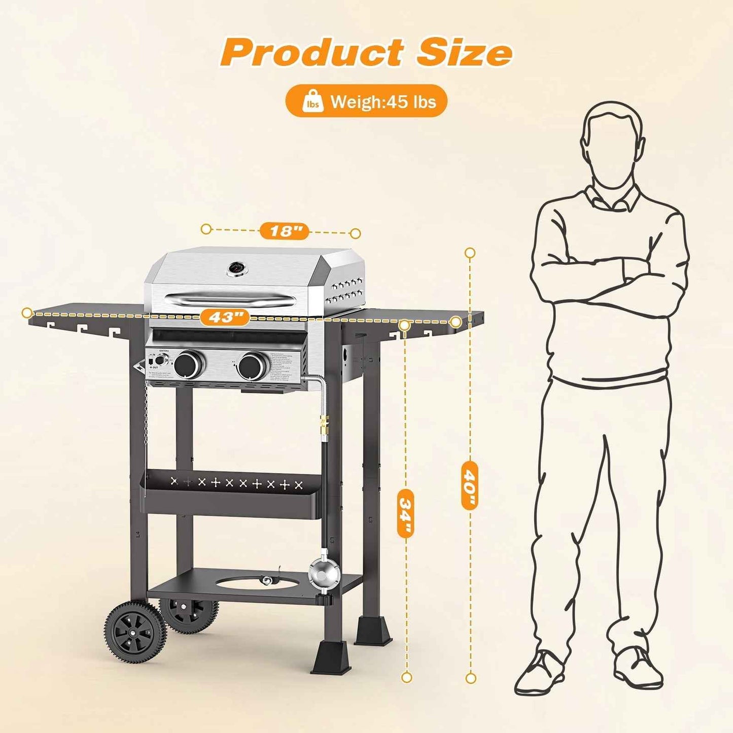 LHRIVER 2 Burner Gas Grill with Side Table, Portable Outdoor Barbecue Cooking BBQ, 16000BTU