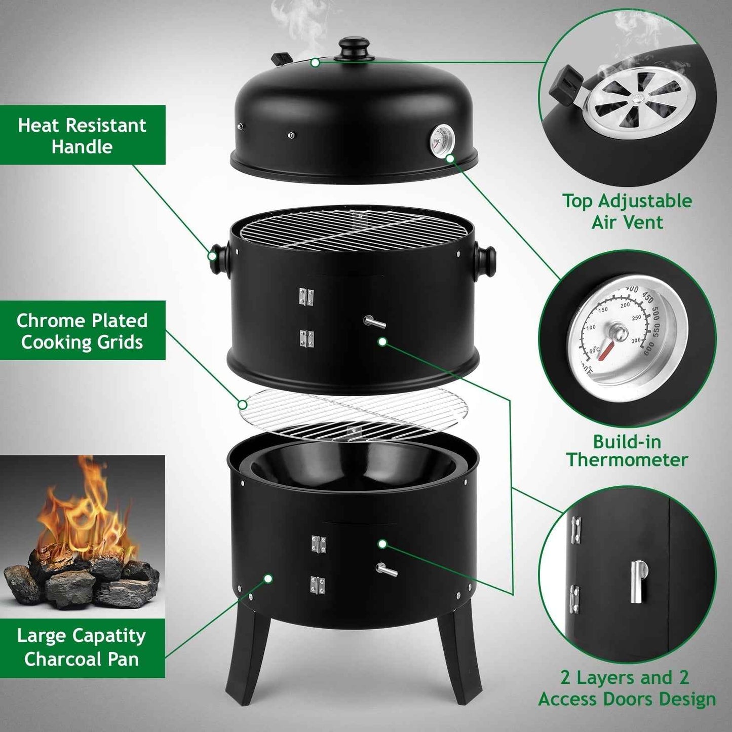 Zimtown BBQ Charcoal Grill Outdoor Barbecue Pit Smoker with 3 Levels Patio Backyard Black