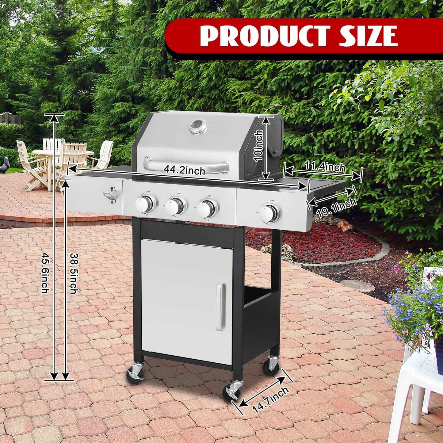 Nice Cooker 3-Burner Propane Gas Grill with Side Burner, 37000 BTU Outdoor BBQ Grill with Porcelain-Enameled Cast Iron Grates, Double Layer Lid, Built-in Thermometer Stainless Steel Grill for Outdoor