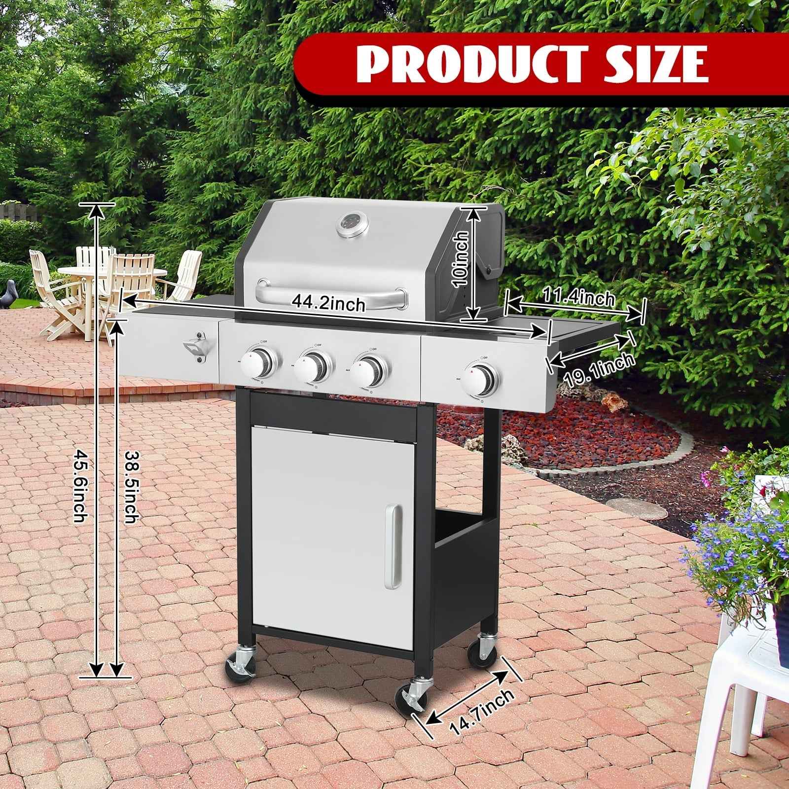 Nice Cooker 3-Burner Propane Gas Grill with Side Burner, 37000 BTU Outdoor BBQ Grill with Porcelain-Enameled Cast Iron Grates, Double Layer Lid, Built-in Thermometer Stainless Steel Grill for Outdoor