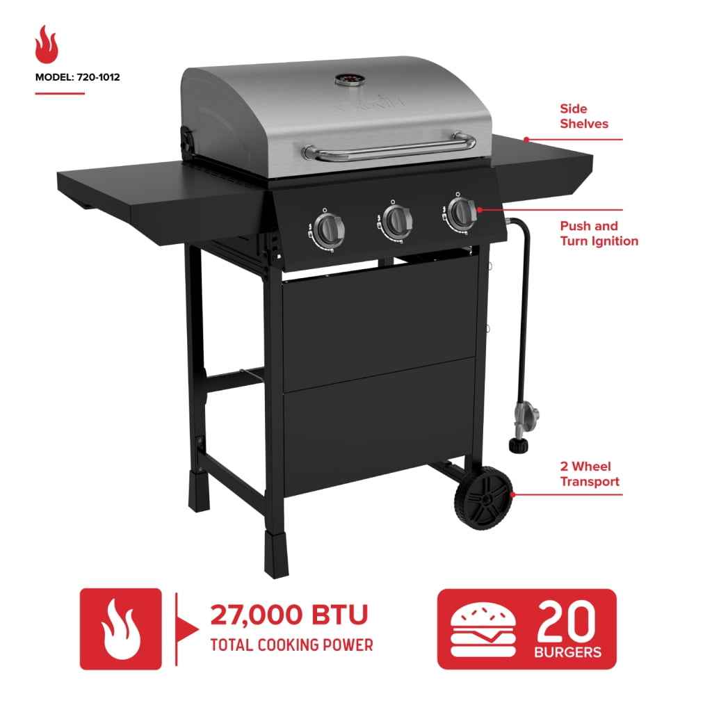 Nexgrill 3-Burner Propane Gas Grill with Side Tables, 27,000BTUs, Stainless Steel Lid, Spacious 429 SQ. In. Cooking Space, BBQ Grill for Outdoor Cooking, Patios, Parties, and More - 720-1012