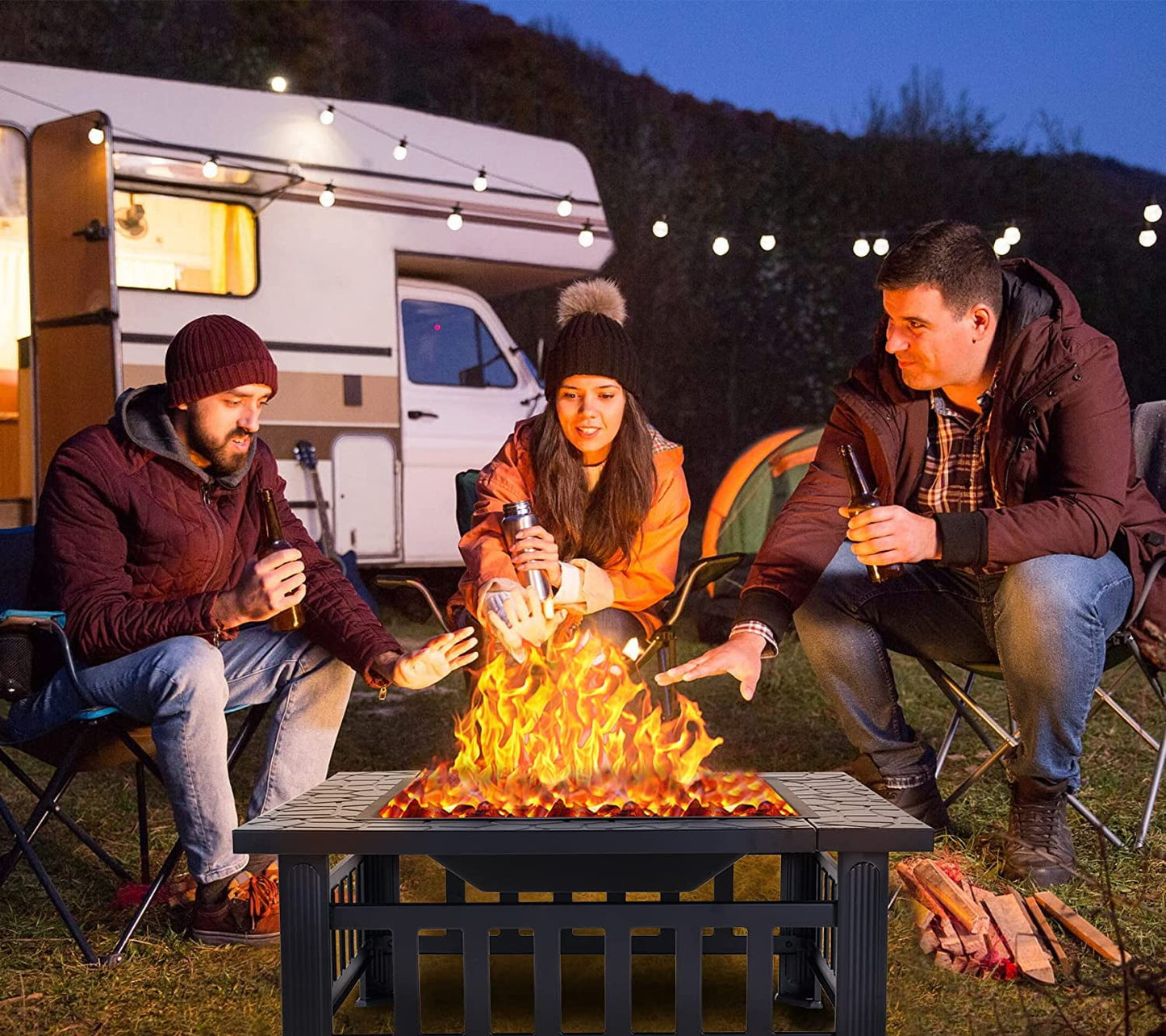 32'' Multipurpose Fire Pit, Outdoor Fire Pit Table for Net Lid/Poker, Square Bronze Firepit Stove for Outside Camping Backyard Bonfire - Home OXO