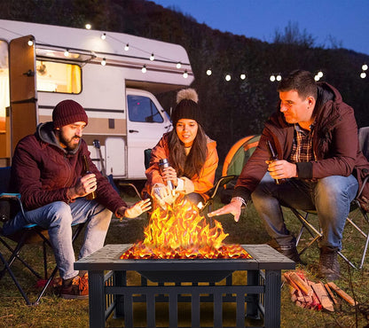 32'' Multipurpose Fire Pit, Outdoor Fire Pit Table for Net Lid/Poker, Square Bronze Firepit Stove for Outside Camping Backyard Bonfire - Home OXO