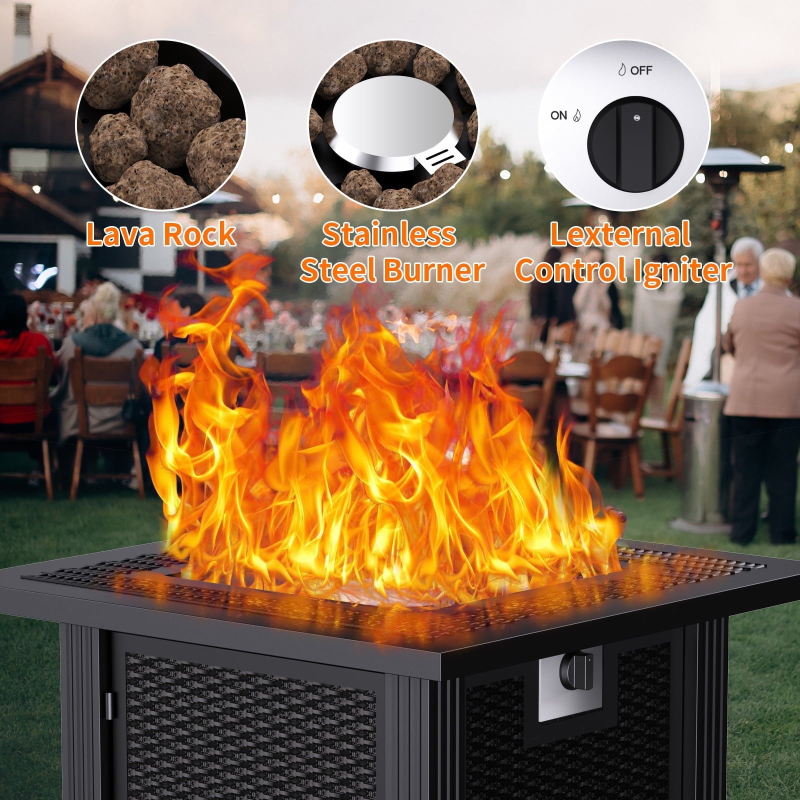 DOMQGA 28" Propane Fire Pit Table, 2-in-1 Square 50,000 BTU Propane Gas Fire Pit Table with Lid and Lava Rock,for Outside Patio Yard Party Garden and Lawn - Home OXO