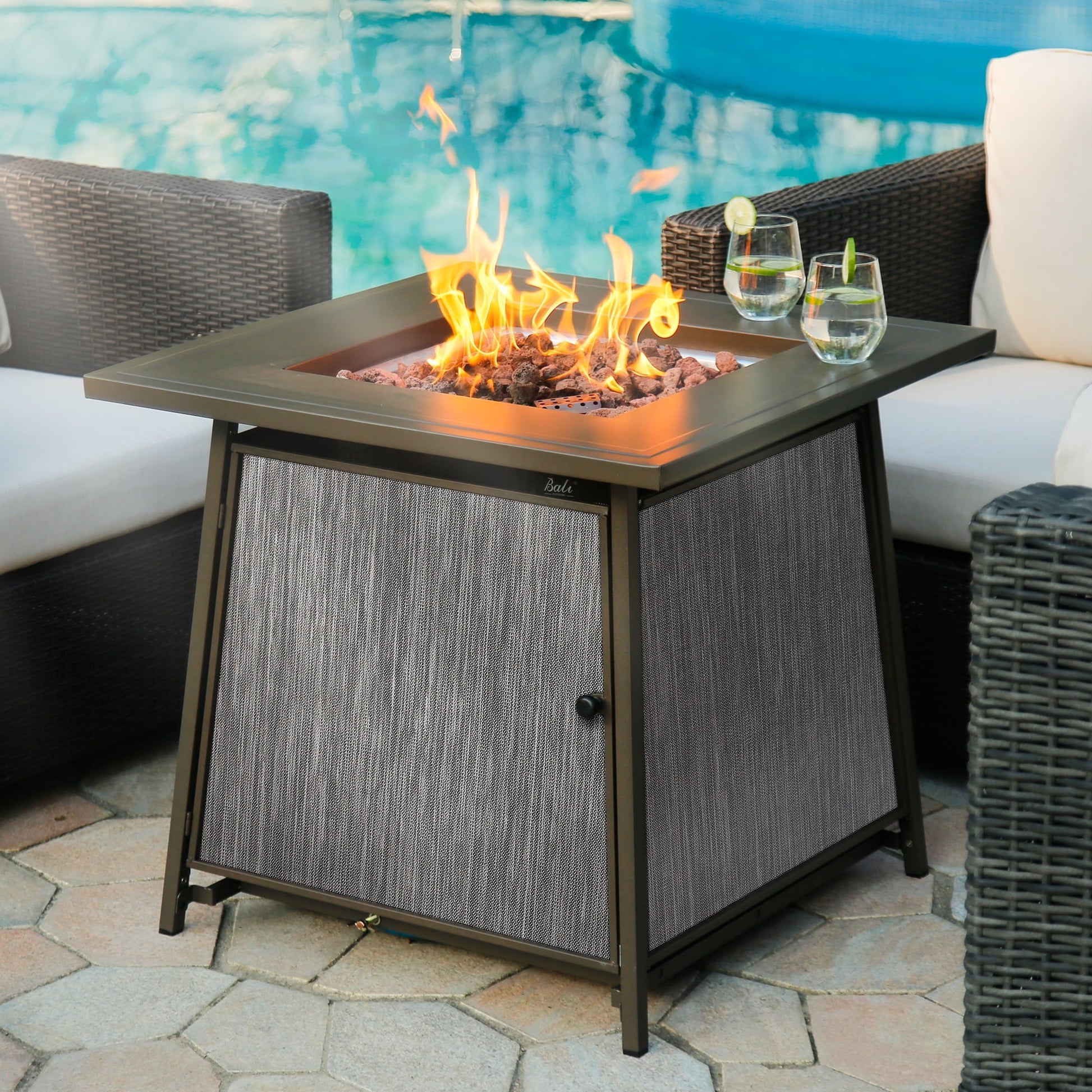 BALI OUTDOORS 28" Gas Fire Pit Table with Metal Lid and Lava Rocks, 50,000 BTU / Gray - Home OXO
