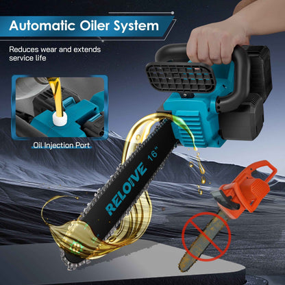 RELOIVE 16" Cordless Electric Chainsaw with Brushless Motor, 26000 RPM, 42.6 FT/S Chain Speed, Two 4.5Ah Batteries, 4 Chains, Handheld Wood Cutting Tool