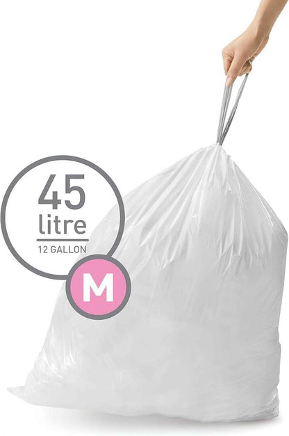 simplehuman Code M Custom Fit Drawstring Trash Bags, 200 Count, 45 Liter / 12 Gallon, White