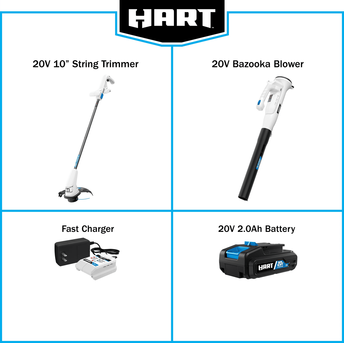 HART 20-Volt 10-inch String Trimmer/Bazooka Leaf Blower Combo Kit, (1) 2.0Ah Lithium-Ion Battery